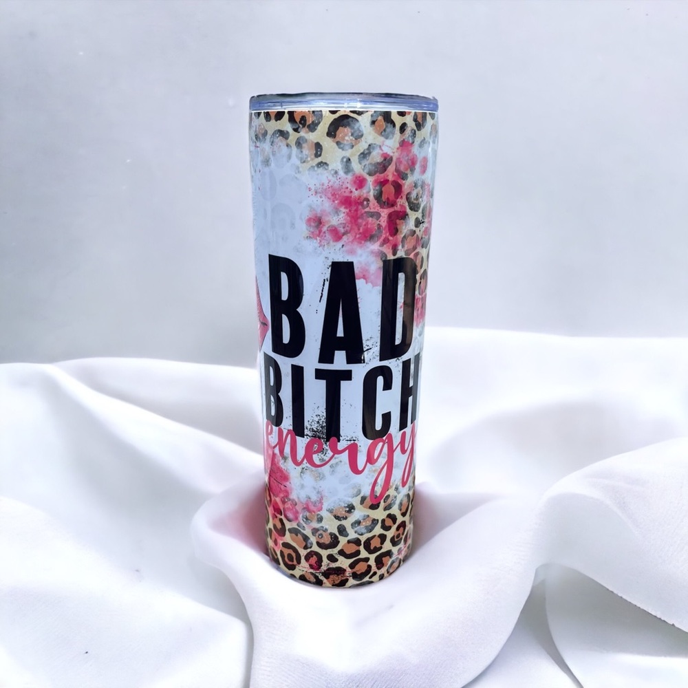 Bad b*tch energy skeleton hand leopard print pink distressed design 20oz tumbler